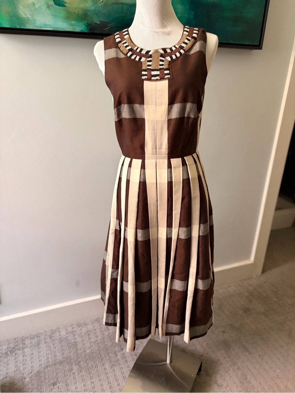 Maeve Brown and Cream Pleated Midi Dress with Beaded Neckline